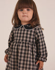 Girl Long-Sleeve Plaid Dress – Tan Beige & Black