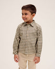 Boy's Gingham Shirt in Green and Beige