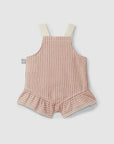 Overalls in striped fabric and English embroidery detail - Terracotta/Indigo