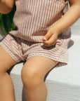 Overalls in striped fabric and English embroidery detail - Terracotta/Indigo