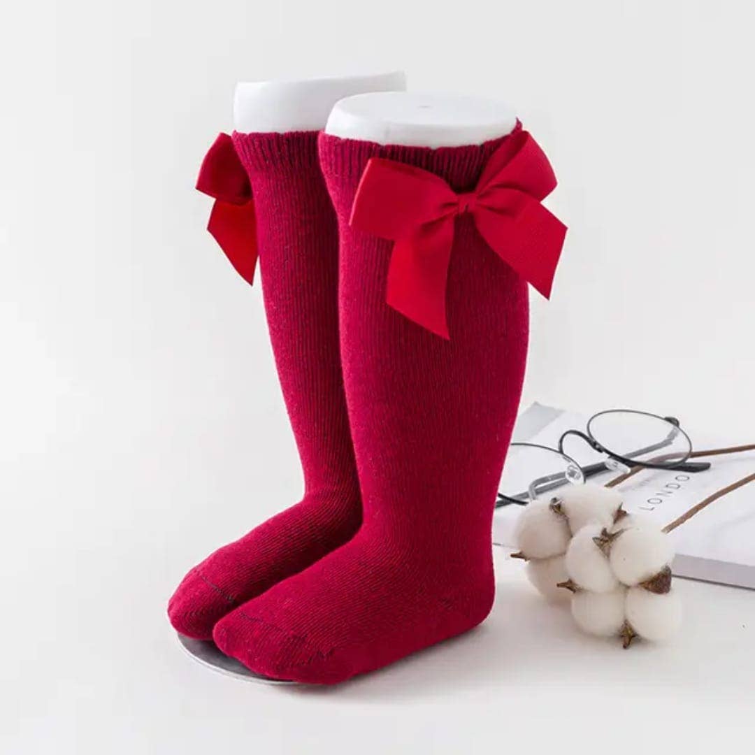 Knee-high socks with bow 100% Cotton: Old rose / 19/22