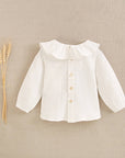 Long sleeve white baby shirt with ruffle collar: 12 Months
