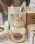 RATTLE BUNNY WITH WOODEN TEETHER- WITH PERSONALISED OPTION