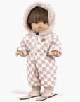 Gigi pink and white checkered ski suit with “Moufles” pin