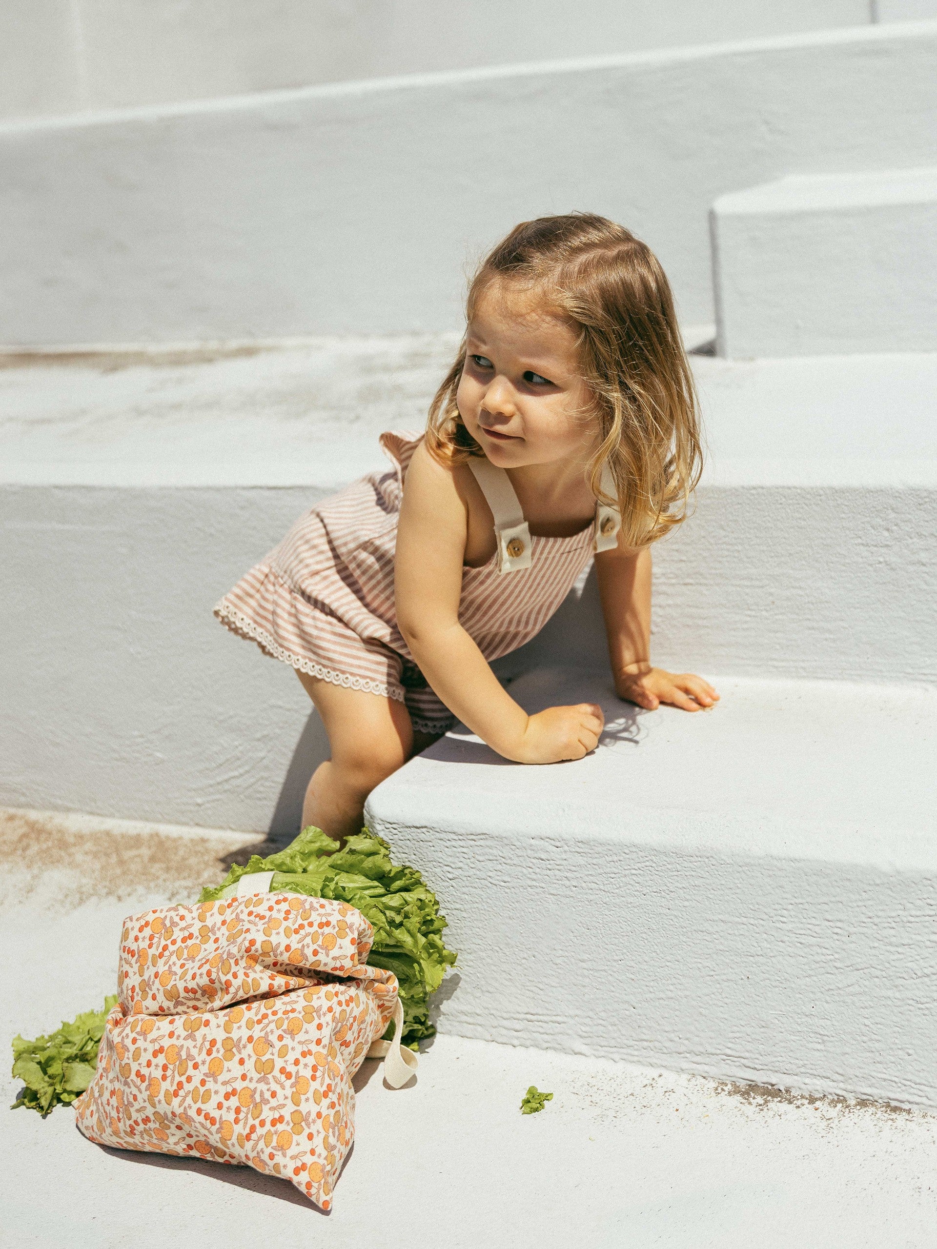 Overalls in striped fabric and English embroidery detail - Terracotta/Indigo