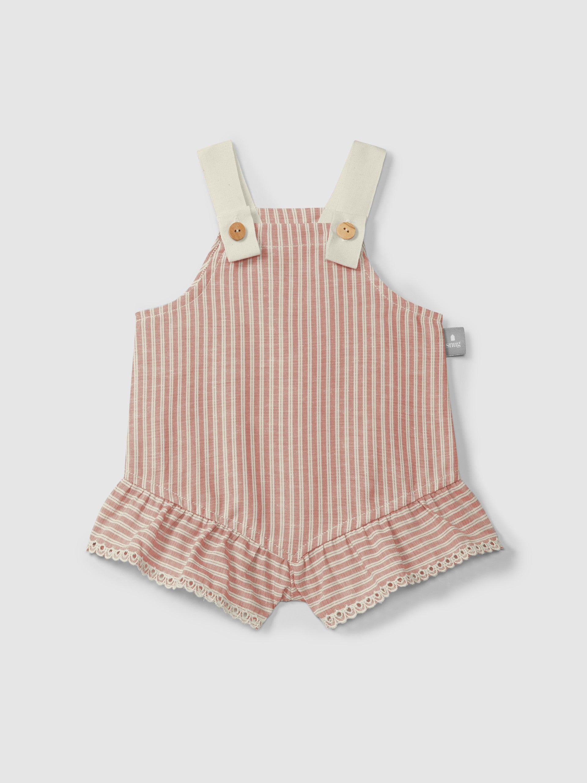 Overalls in striped fabric and English embroidery detail - Terracotta/Indigo