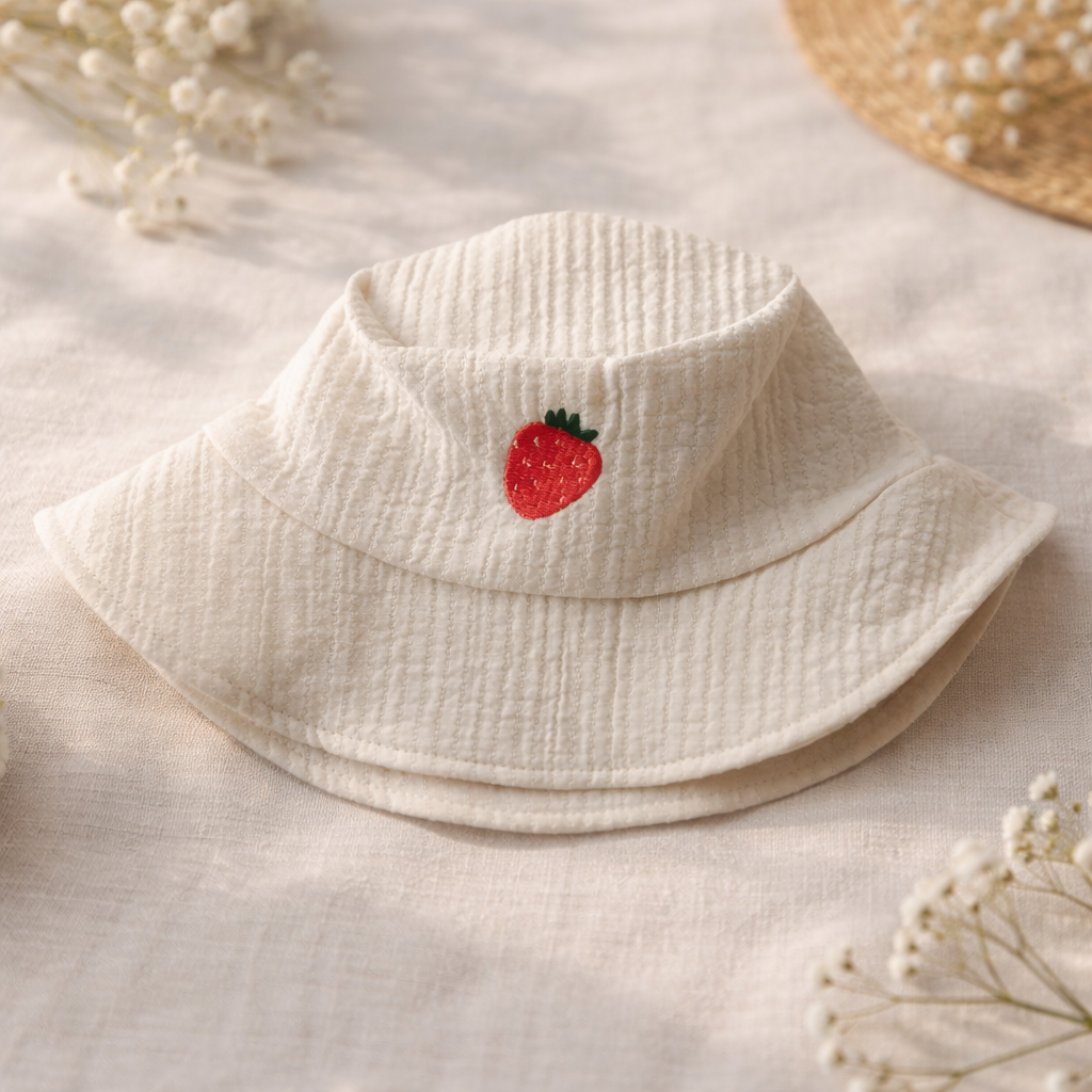 Embroidered Terry Fisherman White Hat / Strawberry - GOTS - SS26