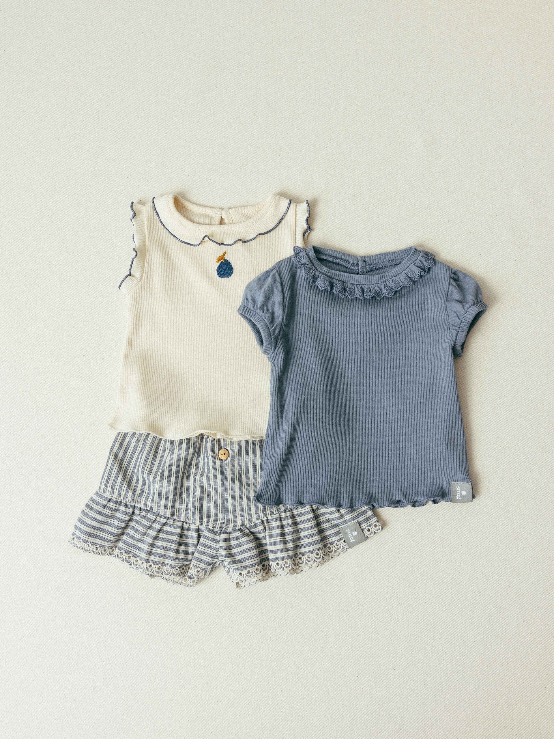 Pull-up shorts in striped fabric and English embroidery detail - Indigo