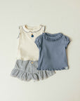 Pull-up shorts in striped fabric and English embroidery detail - Indigo