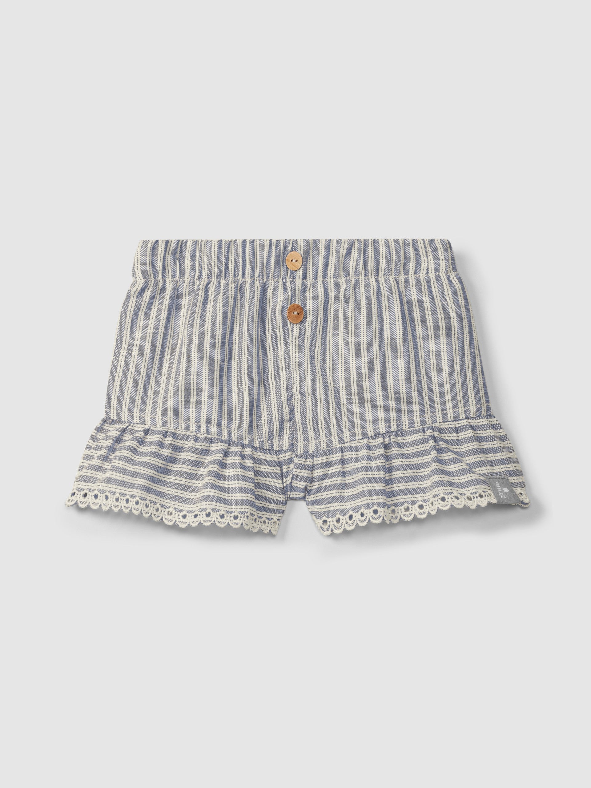 Pull-up shorts in striped fabric and English embroidery detail - Indigo