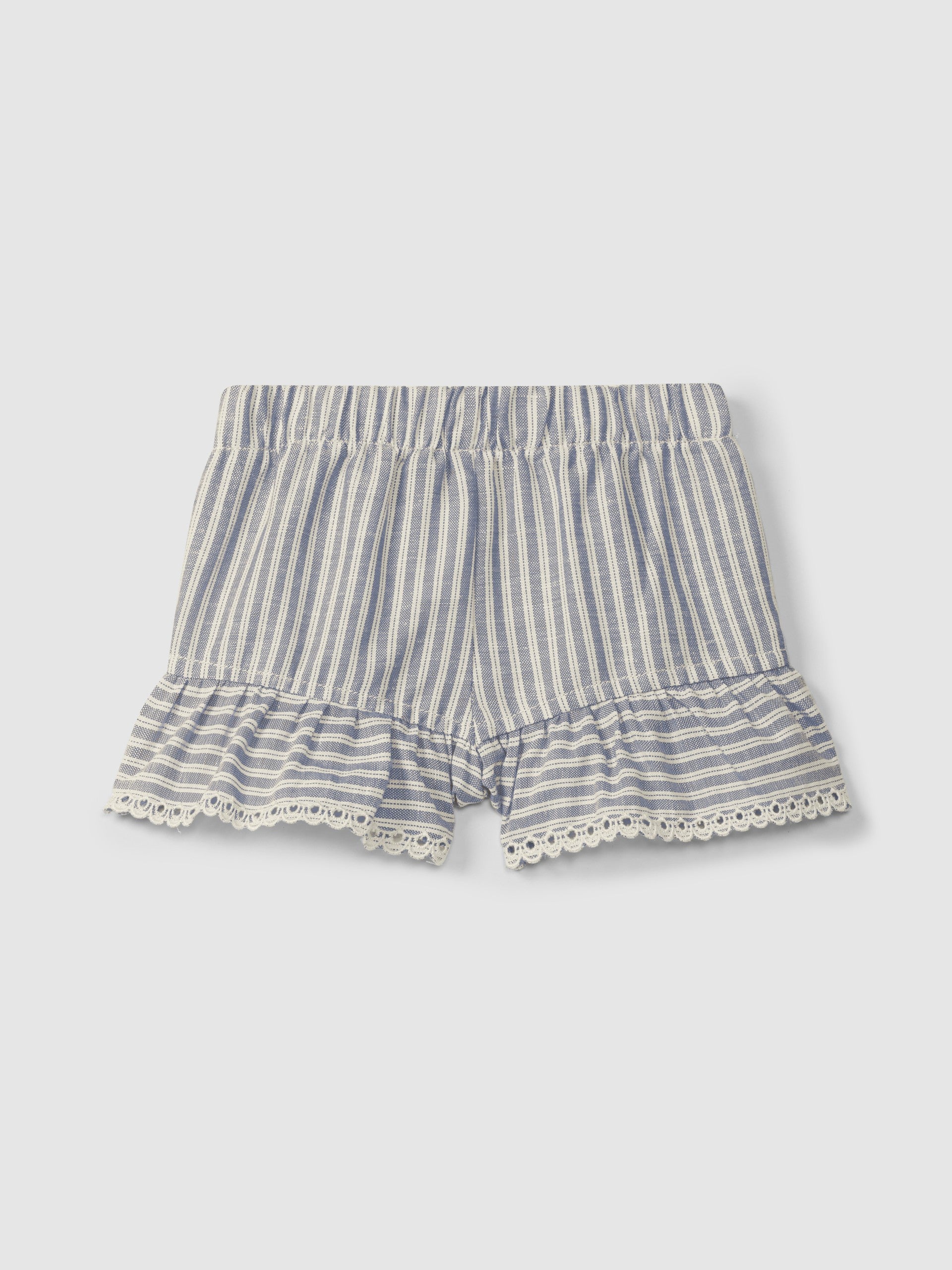 Pull-up shorts in striped fabric and English embroidery detail - Indigo