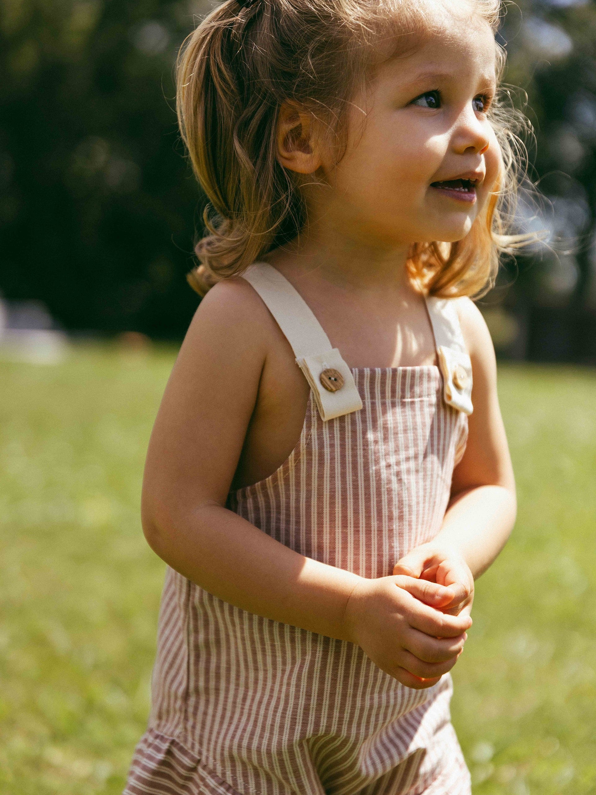 Overalls in striped fabric and English embroidery detail - Terracotta/Indigo